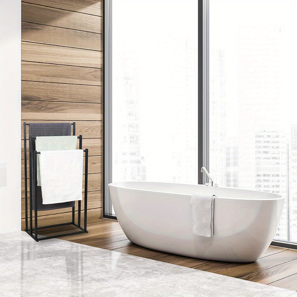 Versatile freestanding towel holder, sturdy steel for organized bathrooms & quick towel drying.