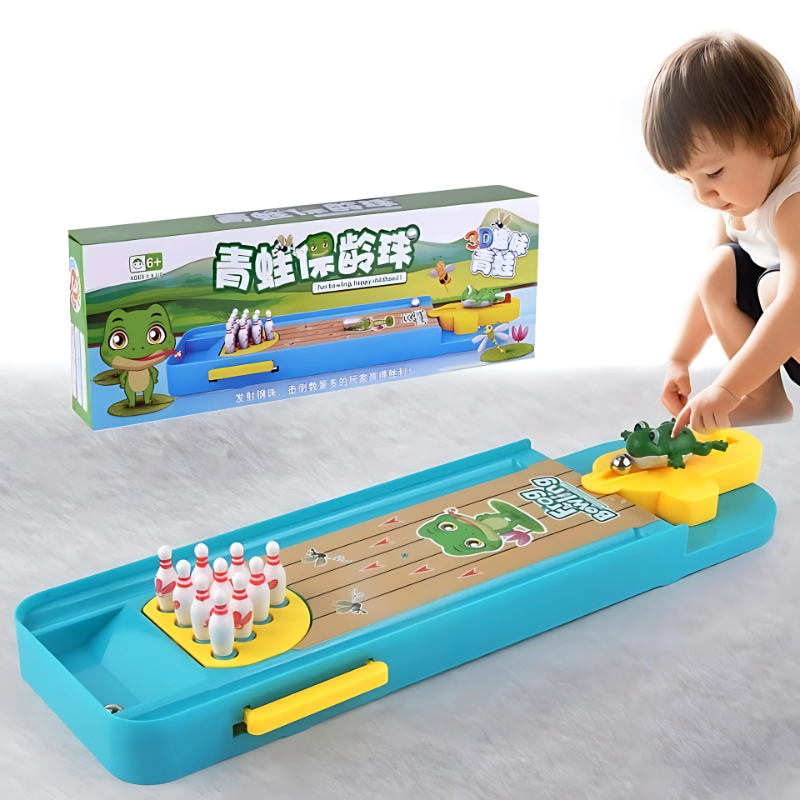 Frog themed mini bowling game for kids and adults, tabletop toy for family fun and indoor play