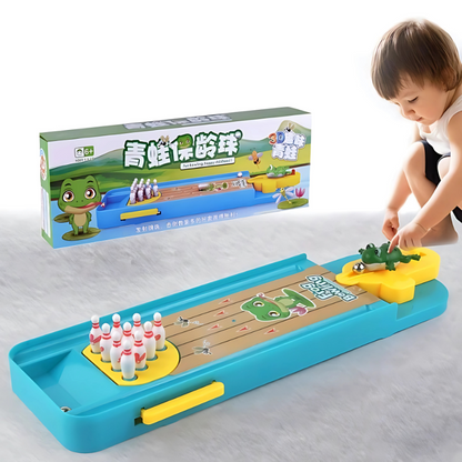 Frog themed mini bowling game for kids and adults, tabletop toy for family fun and indoor play