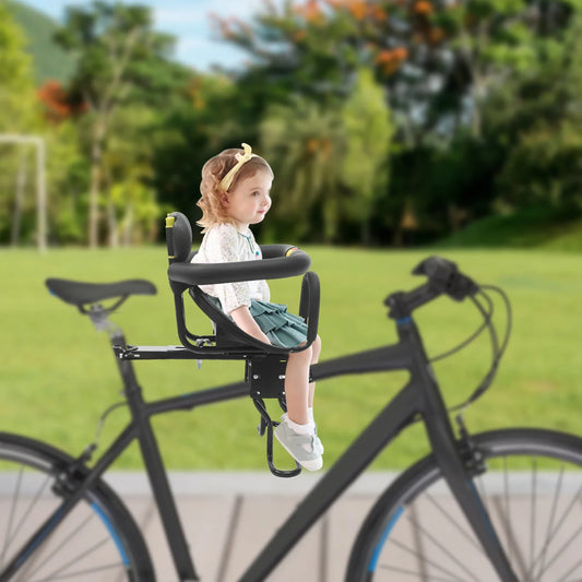 Front-mounted baby bike seat for toddlers age 8 months to 6 years, shown on a bicycle.