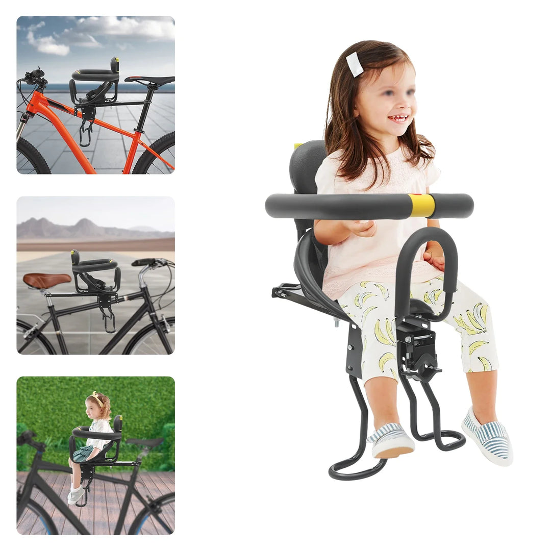 Adjustable toddler bike seat for front mounting, with safety harness, perfect for family cycling.