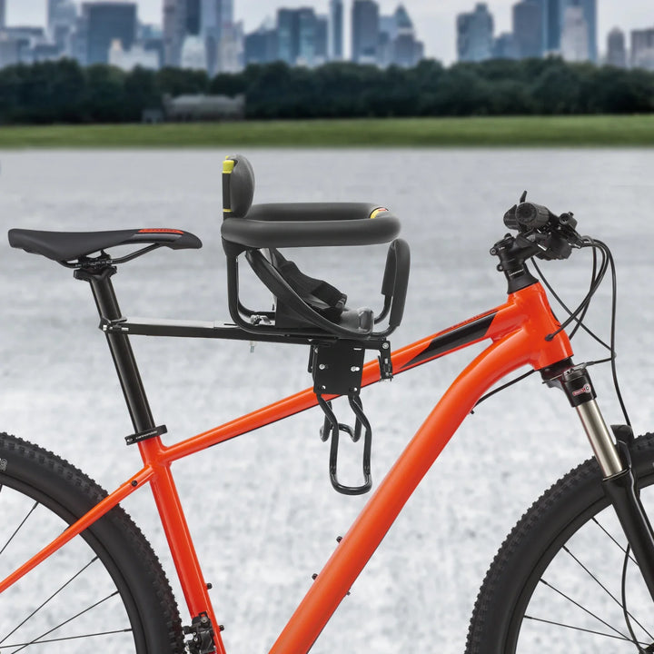 Child bike seat, front-mounted, featuring a comfortable design for kids up to 6 years old.
