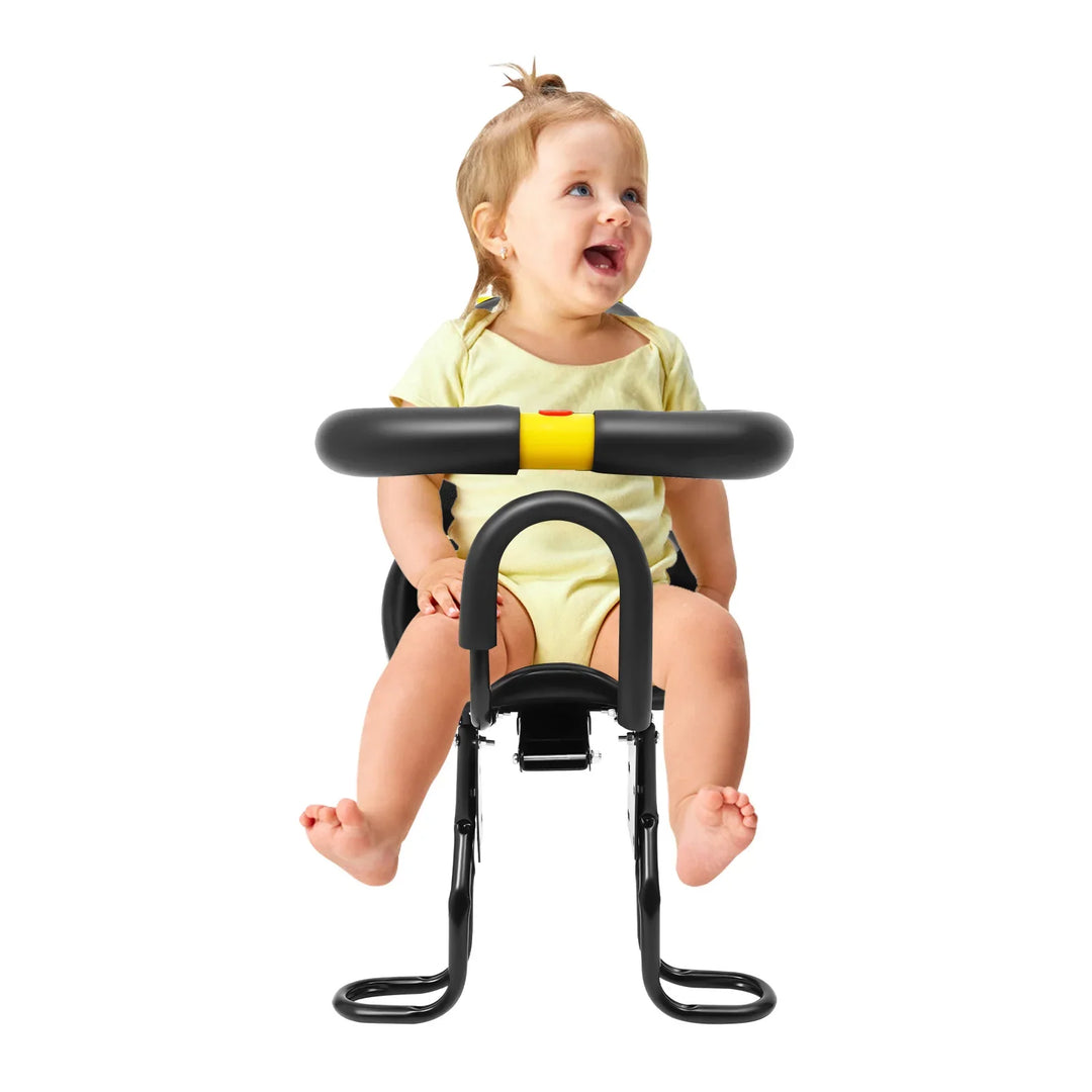 Bicycle carrier for children, front-mounted, designed for safety and easy installation.
