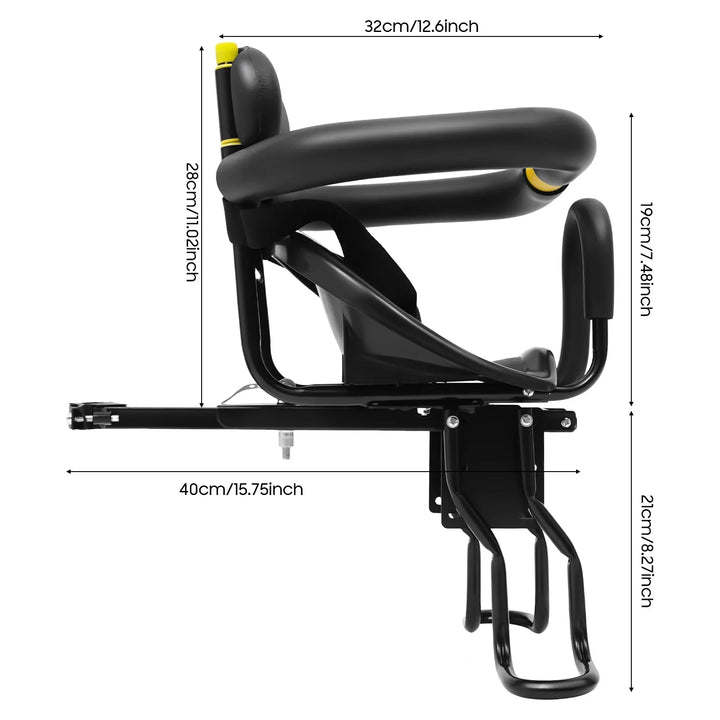Kid's bike seat, front-mounted, showcasing adjustable footrests and protective grip.