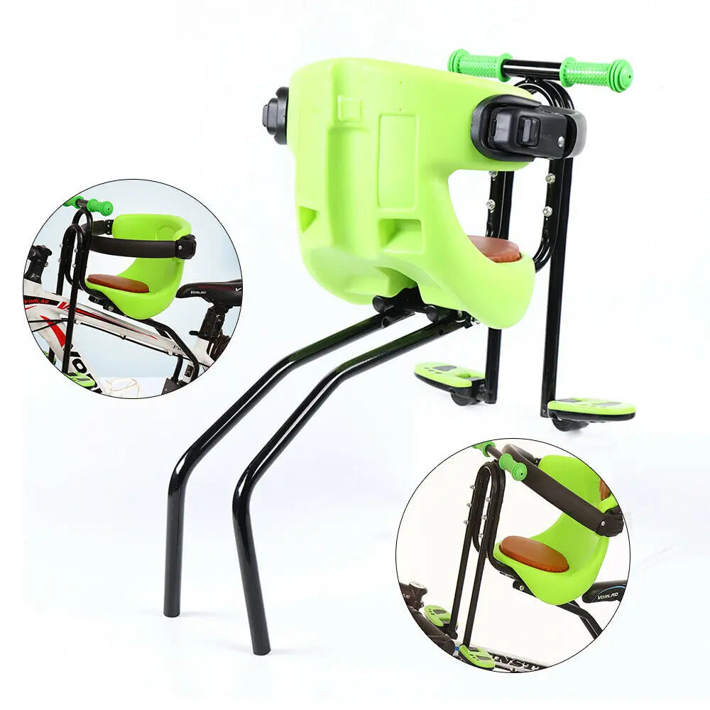 Child front bike seat with adjustable footrests and safety harness for mountain cycling adventures