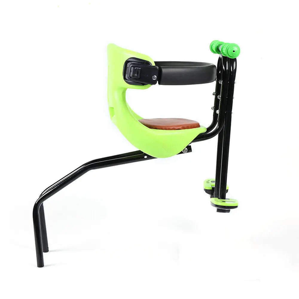 Toddler front bike seat easily attaches to mountain bike frame, ensuring child's safety and comfort