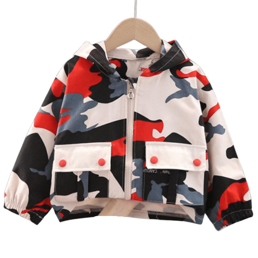 Back view of a kid's camouflage jacket, showing the hood and soft cotton fabric, versatile baby outerwear.