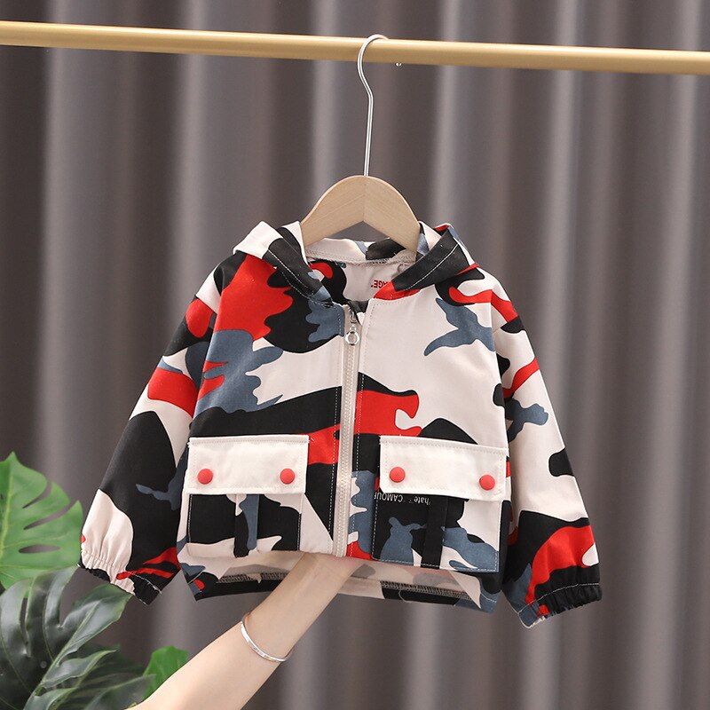 Side profile of a kids' camouflage hooded jacket, highlighting the comfortable fit for active children, fall apparel.