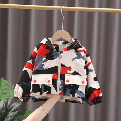 Side profile of a kids' camouflage hooded jacket, highlighting the comfortable fit for active children, fall apparel.