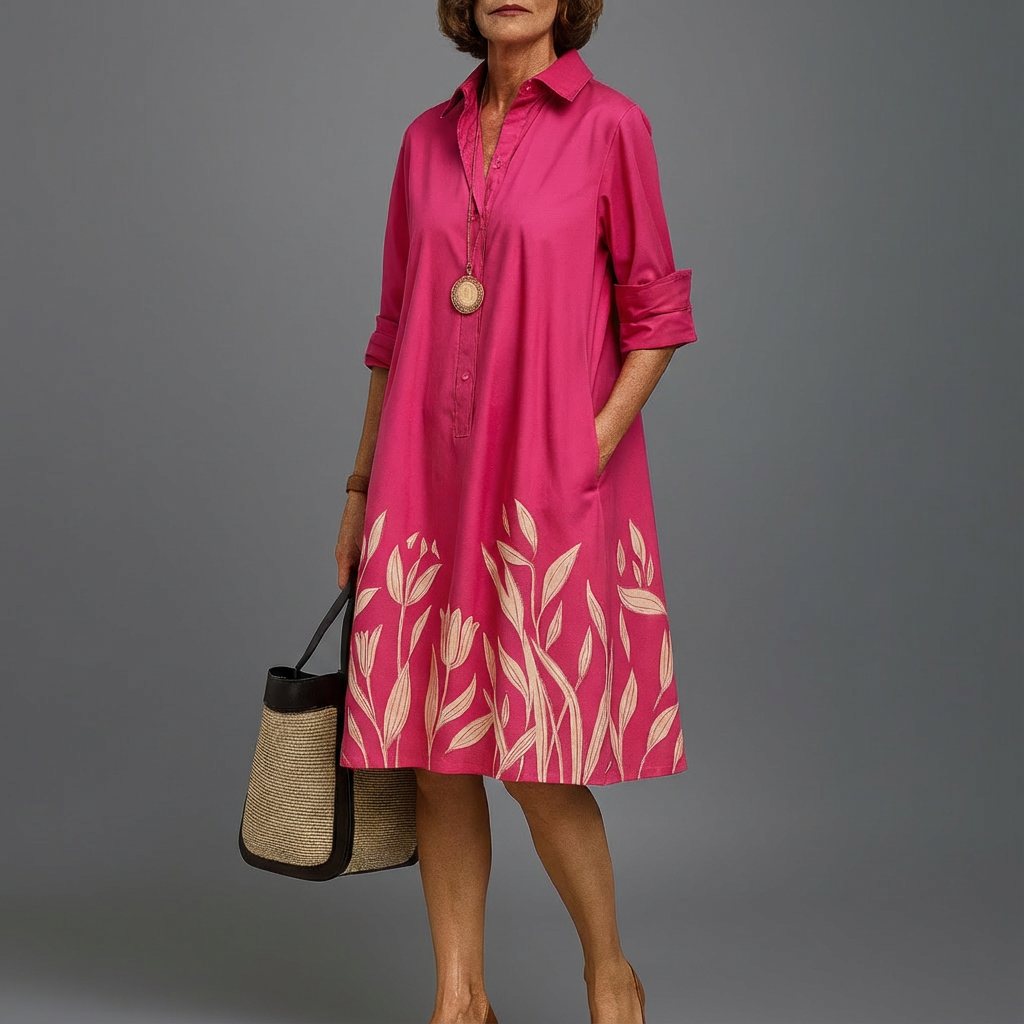 Fuchsia women's midi shirt dress with intricate floral embroidery. Elegant button-down design for versatile styling.