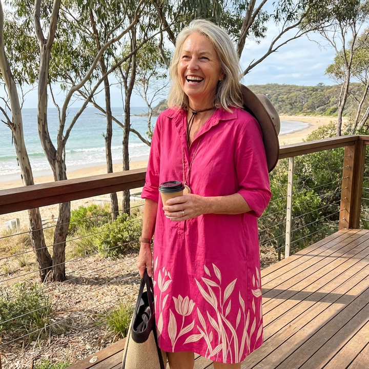Versatile women's floral embroidered midi dress, perfect as a chic summer or casual event shirt dress.