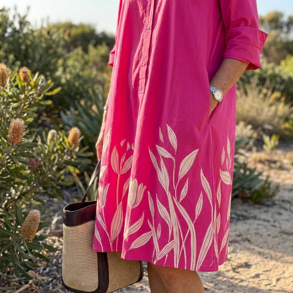 Elegant women's fuchsia midi shirt dress featuring beautiful floral embroidery. Ideal for a refined look.