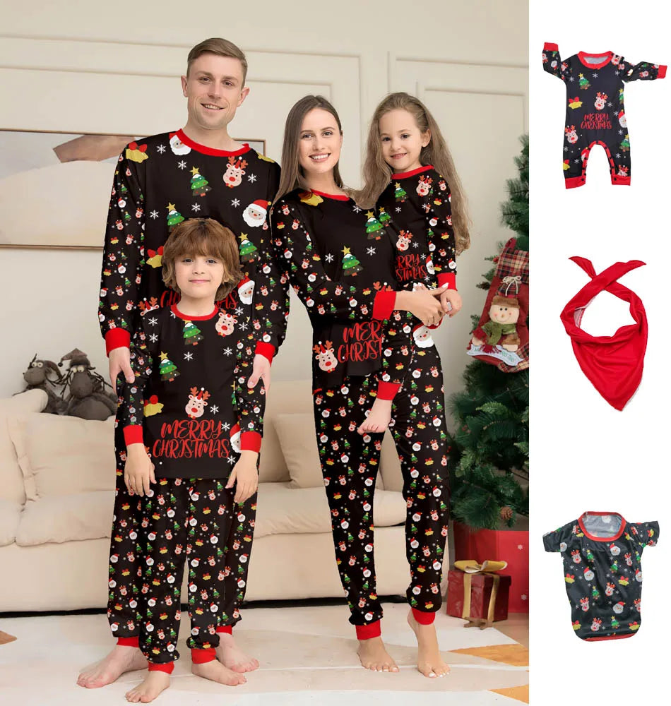 Full matching family Christmas pajamas set with adults, kids, and pet in festive holiday sleepwear
