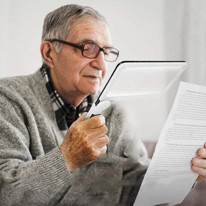 Full page magnifying glass with handle for reading books, documents, and maps. Ideal for elderly care.