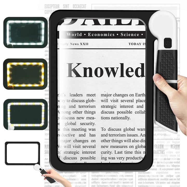 Portable optical aid & vision enhancement tool: a large magnifying glass with handle for reading small print.