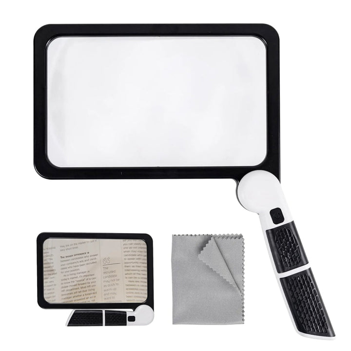 Clear full page reading aid with ergonomic handle, excellent for document reading and various hobby activities.