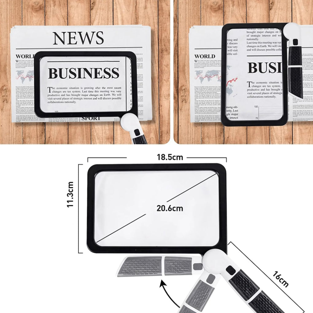 Full page magnifier with handle, a versatile reading and hobby tool for vision enhancement and elderly support.