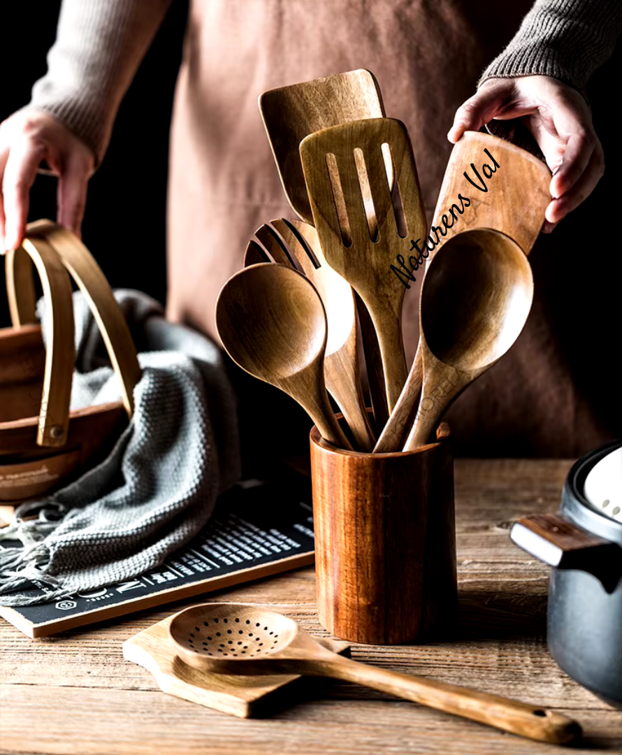 Essential natural teak wood kitchen utensil set for all cooking needs; healthy and eco-friendly.