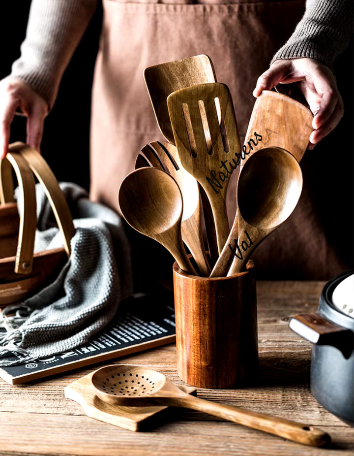 Close-up: Rich natural teak wood texture on a healthy cooking utensil, part of a sustainable set.