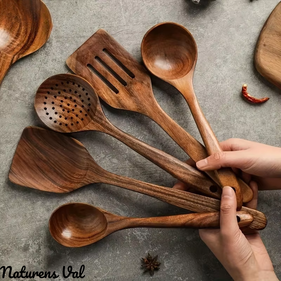 Eco-friendly natural teak wood utensil set, perfect for a sustainable kitchen and healthy cooking.