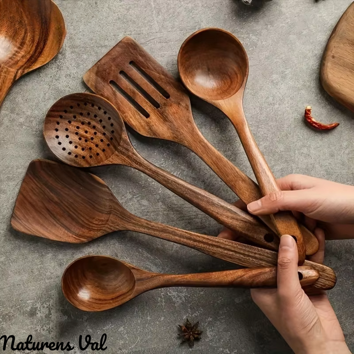 Eco-friendly natural teak wood utensil set, perfect for a sustainable kitchen and healthy cooking.