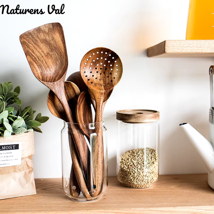 Healthy cooking starts with natural teak wood kitchen utensils; a sustainable and stylish set.
