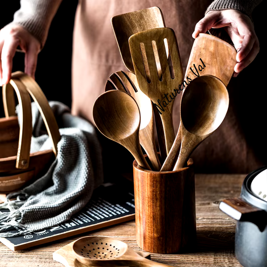 Sustainable kitchen utensil set crafted from natural teak wood, promoting healthy and eco-conscious cooking.