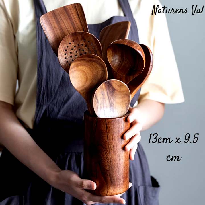 Complete natural teak wood kitchen cooking tools set for everyday healthy meal preparation.