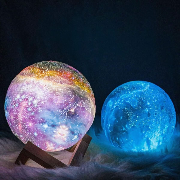 Galaxy 3D Moon Lamp, 16-color LED night light on a wooden stand. Ideal for unique home decor & mood lighting.
