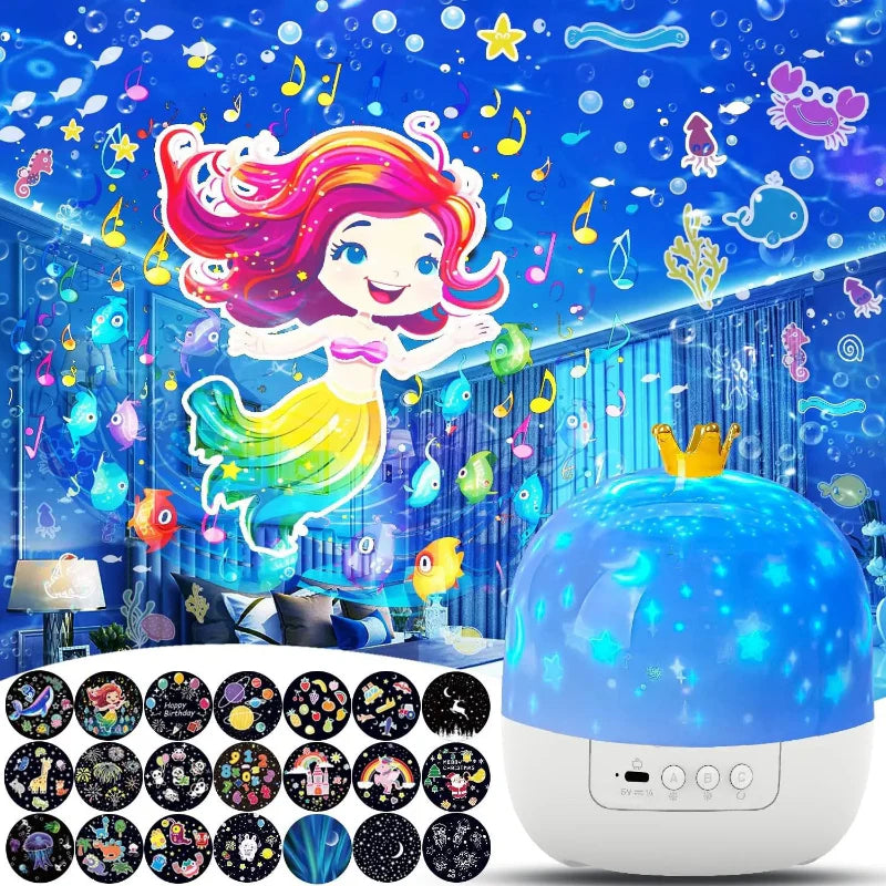 Galaxy projector night light with 360-degree rotation, featuring a swirling cosmic display for relaxation.