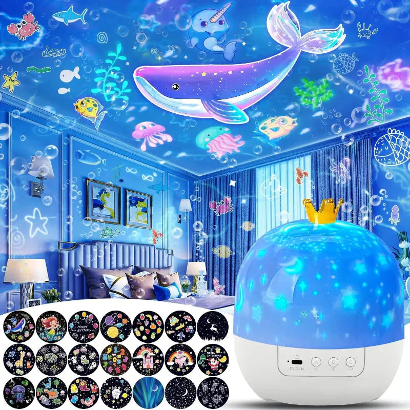 Bedroom decor with cosmoglow galaxy projector night light, producing soothing and colorful light.