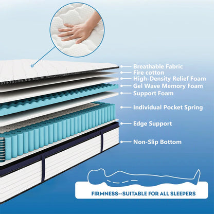 Gel memory foam hybrid mattress with a soft, breathable cover, promoting sleep comfort