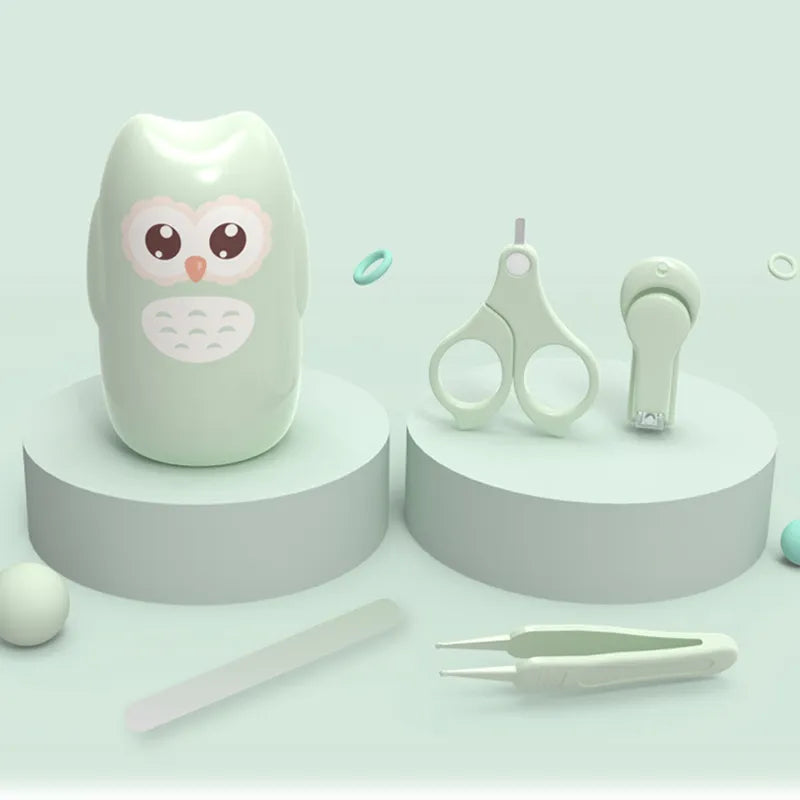 Gentle baby nail care set: clippers, scissors, file & tweezers in a compact portable box. Infant grooming essential.
