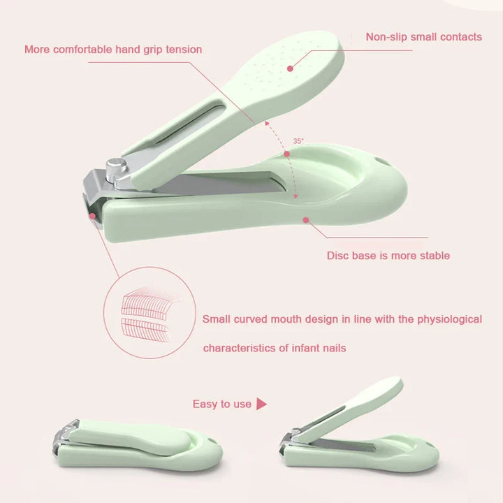Green baby nail care set with gentle clippers & scissors in a portable case. Newborn grooming essentials for infants.