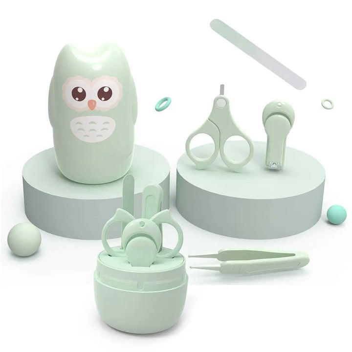 Pink baby nail care set for infants & toddlers. Safe nail clippers, scissors & file in a compact portable box.