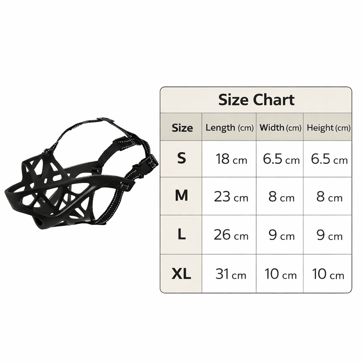 Black, adjustable dog muzzle ensures pet safety & behavior control during walks & training sessions.