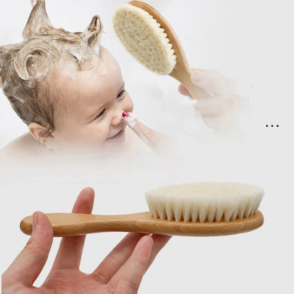 Gentle newborn wooden hair comb with soft wool bristles for baby's delicate scalp