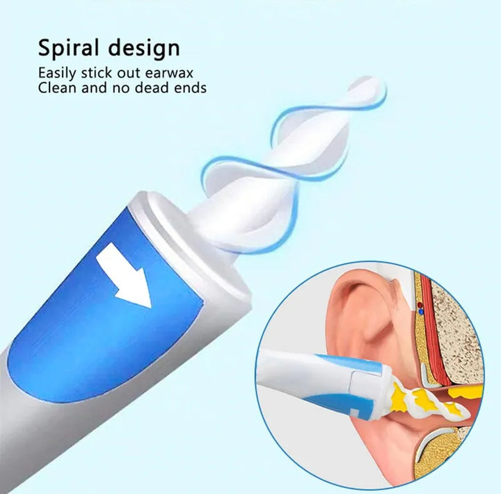 Baby health product: Spiral earwax remover next to an infant's ear