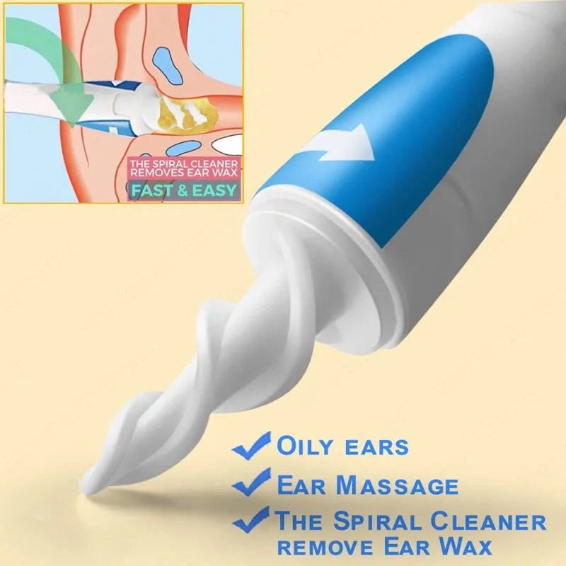 Child-friendly earwax removal device, illustrating its gentle spiral action