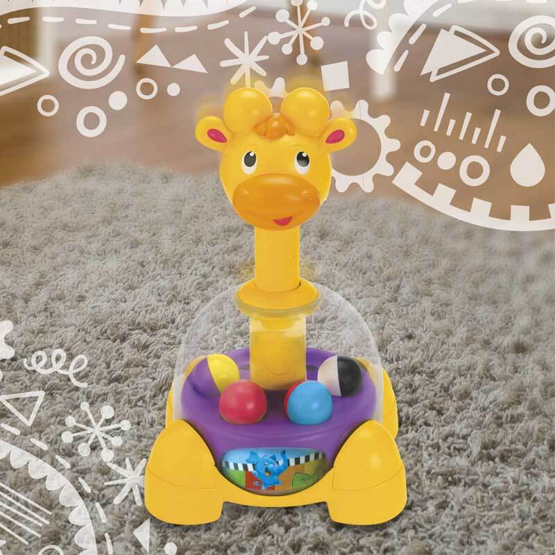 Baby's hands interacting with a cause and effect giraffe popping and spinning activity toy