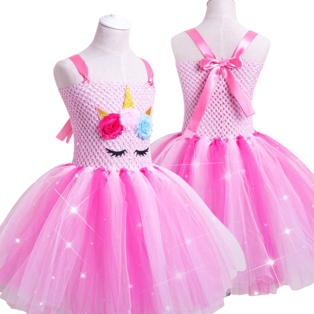 Close-up of a Girls' Glowing LED Unicorn Tulle Party Dress, showing detailed unicorn bodice and LED lights