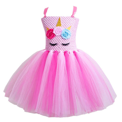 Full-length view of a sleeveless Girls' LED Unicorn Party Dress with a flowing rainbow tulle skirt