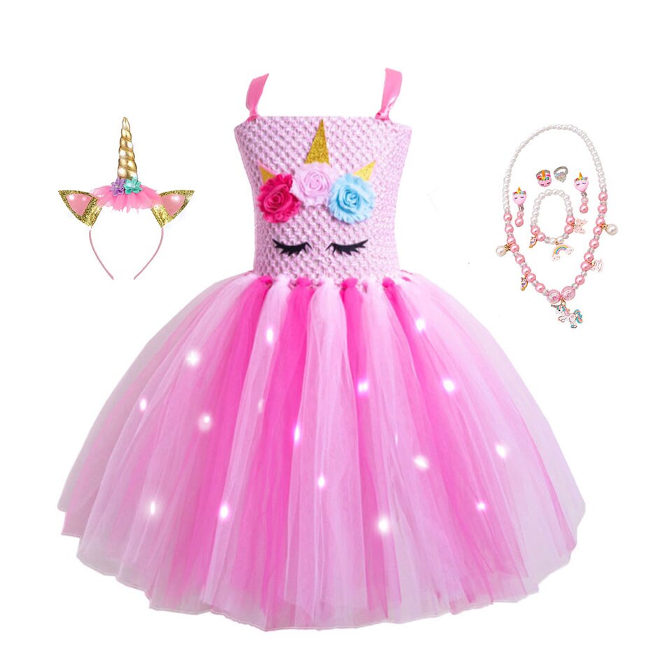 Children's glowing unicorn costume dress with LED lights, tulle skirt, and unicorn details for special occasions