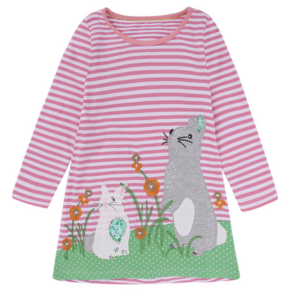 Girl's long sleeve cotton dress with cute rabbit applique, perfect for toddlers.
