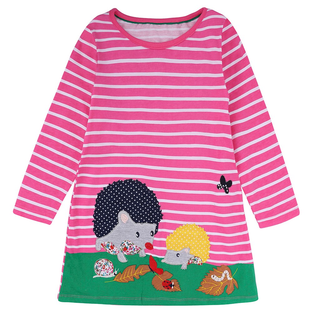 Adorable pink cotton long sleeve dress for girls with white rabbit design on front.