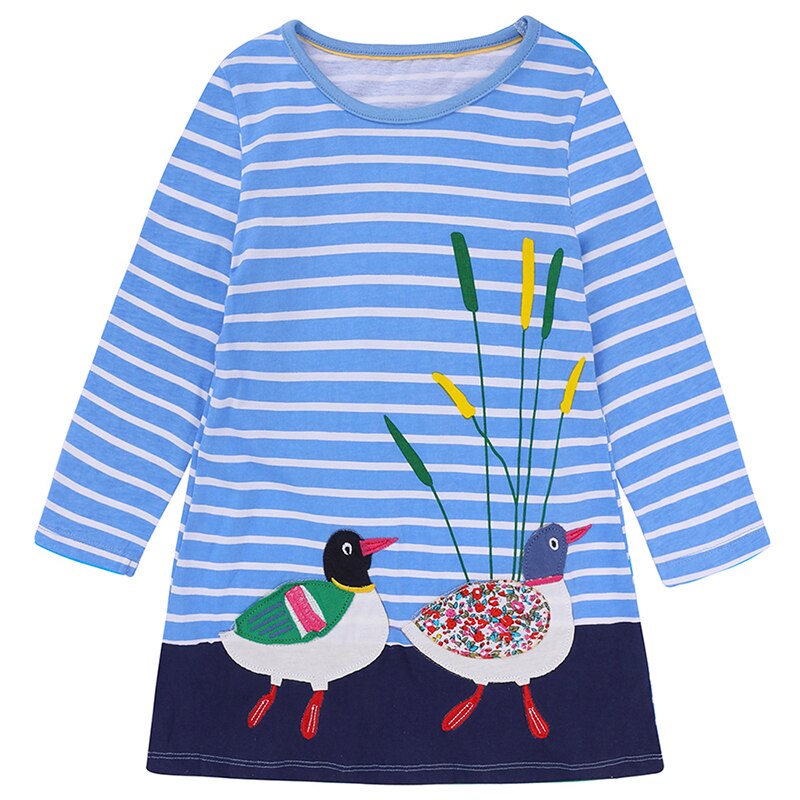 Toddler girl in a knee-length long sleeve cotton dress featuring a playful rabbit applique.