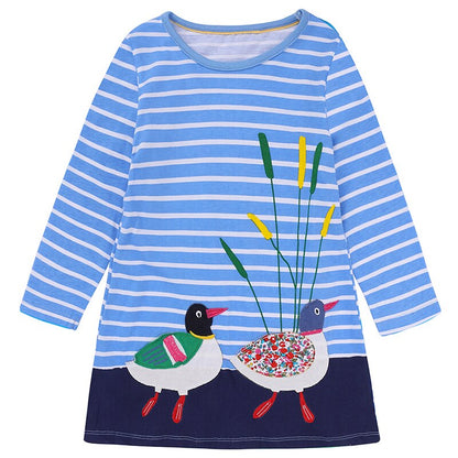Toddler girl in a knee-length long sleeve cotton dress featuring a playful rabbit applique.