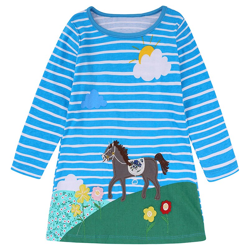Casual girls' rabbit applique long sleeve cotton dress, comfortable for everyday wear.