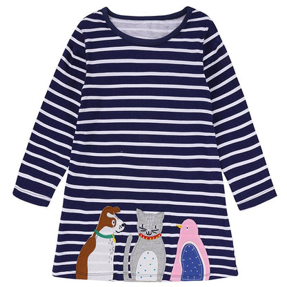 White rabbit applique on a pink long sleeve cotton dress, ideal play dress for girls.