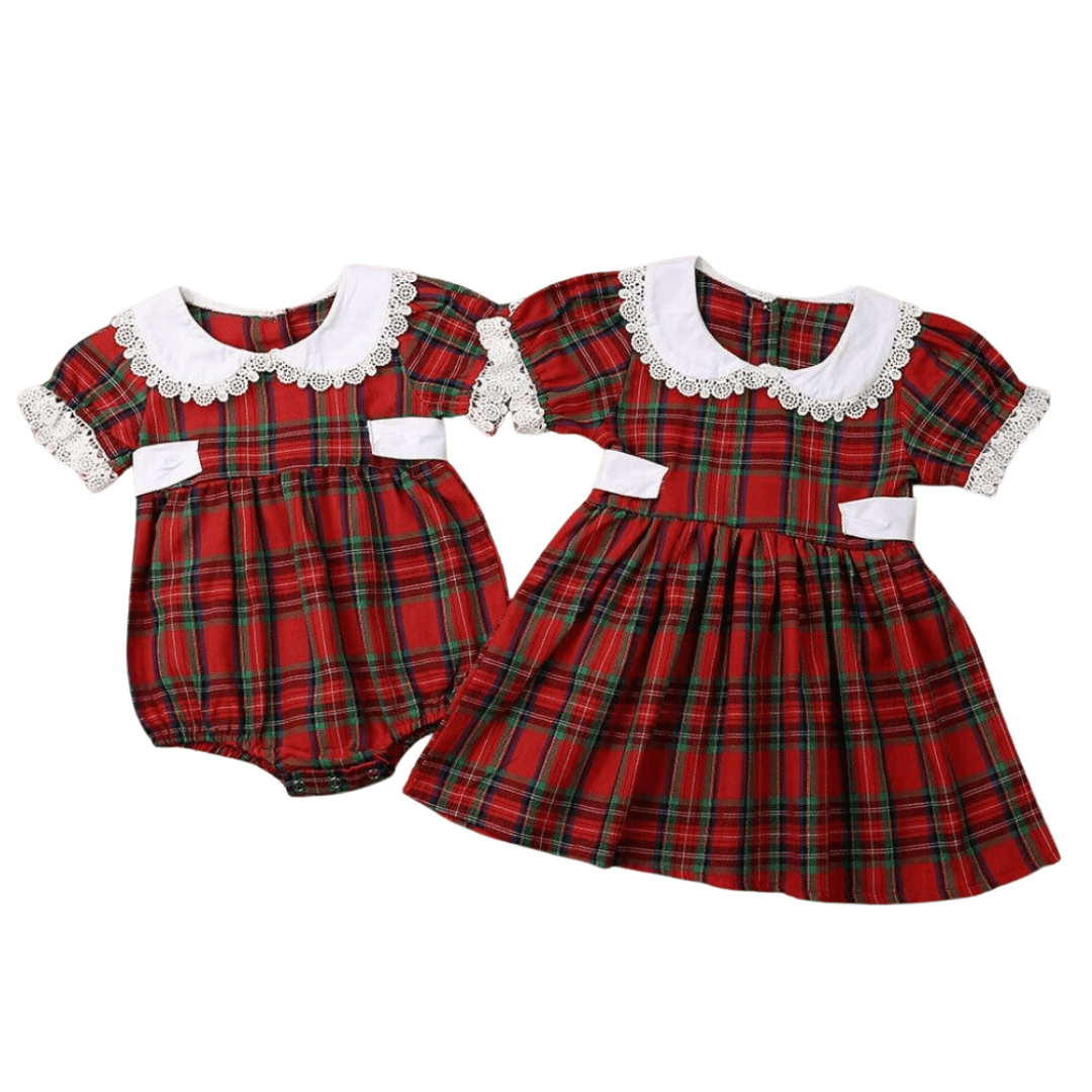 Toddler girl's red plaid dress with white collar, ideal for matching sibling outfits and holiday fashion.